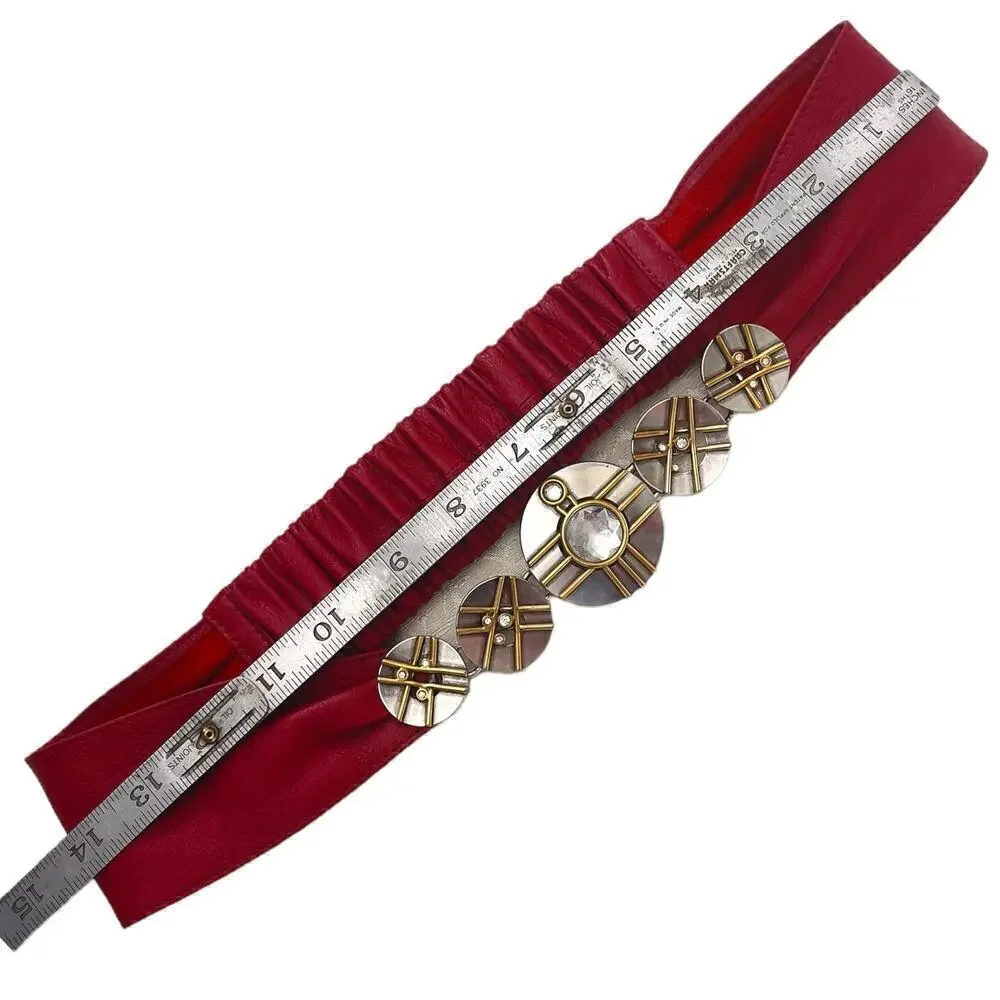 Vintage Mixed Metals Mondrian 90s Red Leather Belt Silver Gold Elastic 27-29”